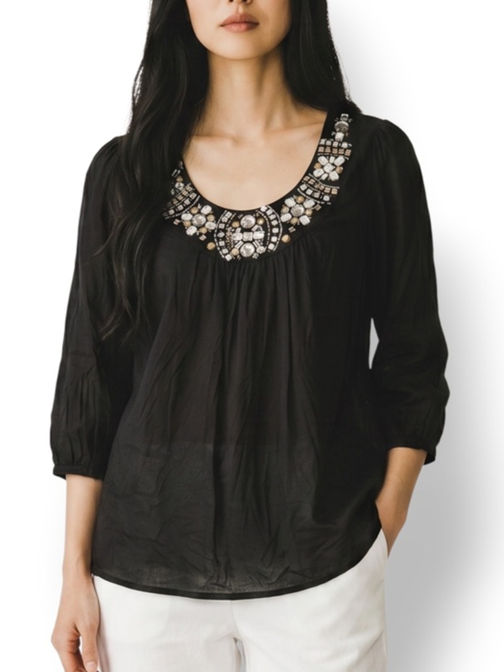 4/$20 Red Herring Black Embellished Neckline Tunic Top Size 8
